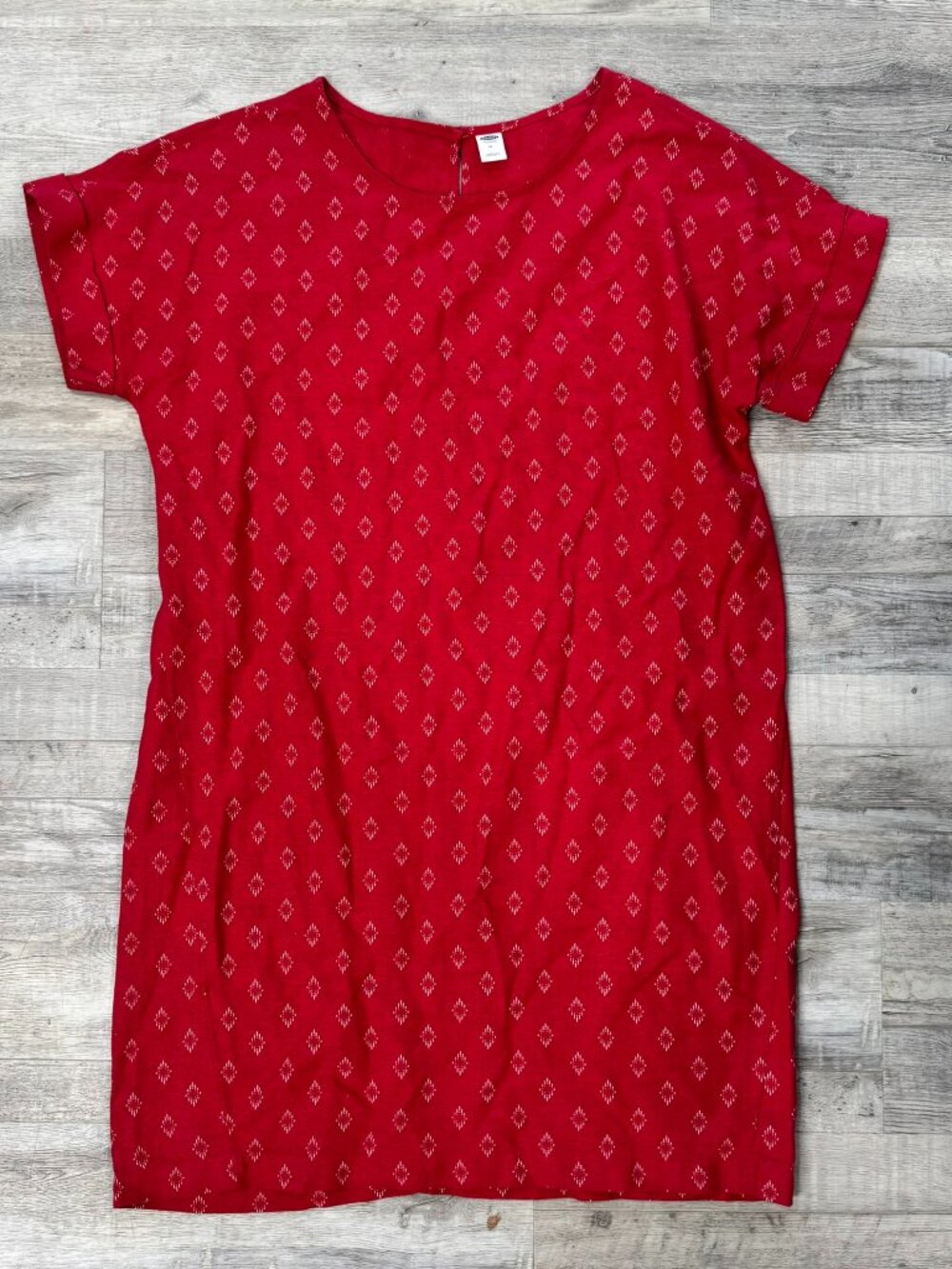 Old Navy Red Patterned Linen Blend Shift Dress Size Medium Short Sleeve L9